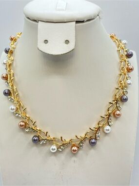 Gold Tri Color Faux Pearl Crystal Floral Branch Necklace Bridal Elegant